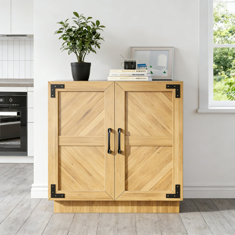 31.5" Modern Farmhouse Sideboard Buffet Cabinet with Doors & Adjustable Shelves, Minimalist Storage Credenza for Kitchen, Living Room, Entryway, Coffee Bar- Oak & Black Finish