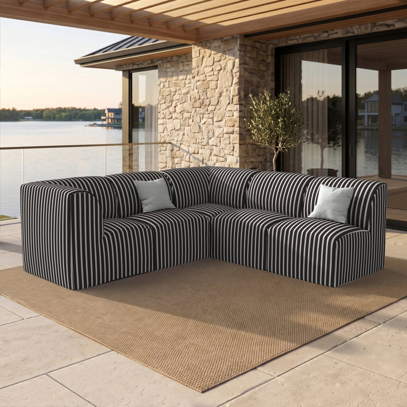 Eliana 5-Piece Modular Upholstered Patio Sectional Set with Sunbrella Cushions, Sunbrella Shore Classic