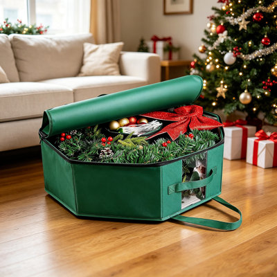 Sac de rangement vert de 61 cm pour couronne de Noël, contenant robuste pour guirlande avec fermeture éclair, poignées et emplacement pour étiquette pour décoration de Noël