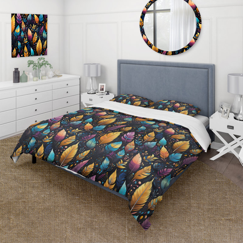 Tribal Dreamscape Feather Boho Motif III - Ensemble de housse de couette Boho - Microfibre de polyester