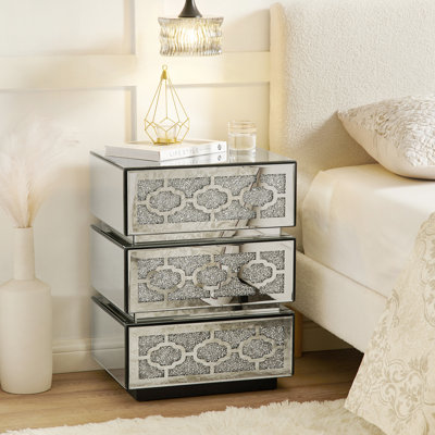 Table de chevet à miroir de style américain, 3 tiroirs, finition argentée, convient aux petits espaces, table de chevet intégrée, conception de tiroir, chambre et salon idéaux, solution peu encombrante
