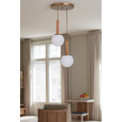 Elegant Metal Chandelier with Adjustable Height, White & Oak & Gold Finish, Ø5.9 x 11.8 inches | 2 x E27 Socket (Max 40W) |  for Dining Room, Living Room & Entryway | Stylish Home Lighting Solution
