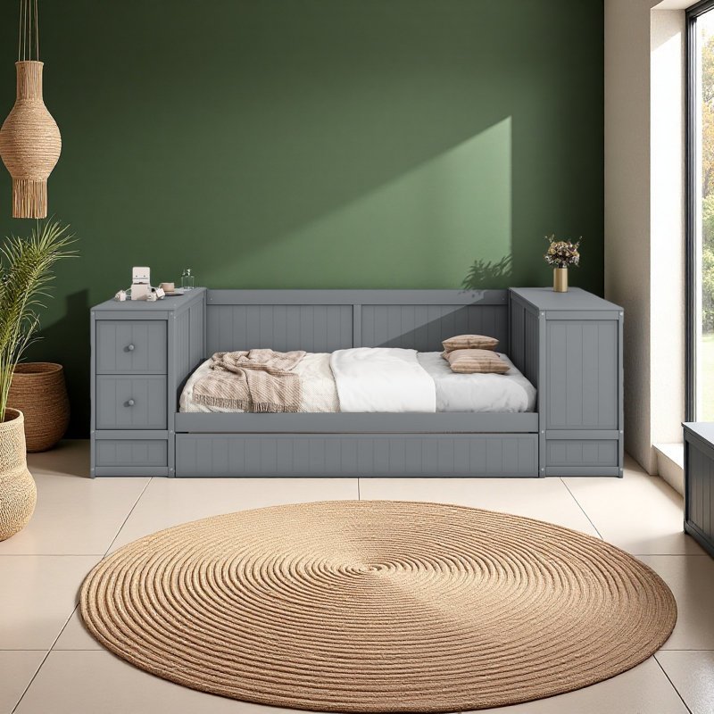 Lit de jour simple avec accoudoirs de rangement, lit gigogne et station de charge, Gris