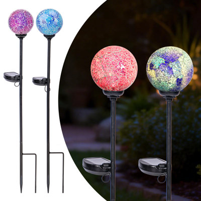 2 Pack Dual‑Color Solar Mosaic Globe Garden Stake Lights, Cracked‑Glass Spherical Pathway Lamps,LED Outdoor Decor Lights for Yard, Walkway, Flower Bed & Bohemian Garden Ornament