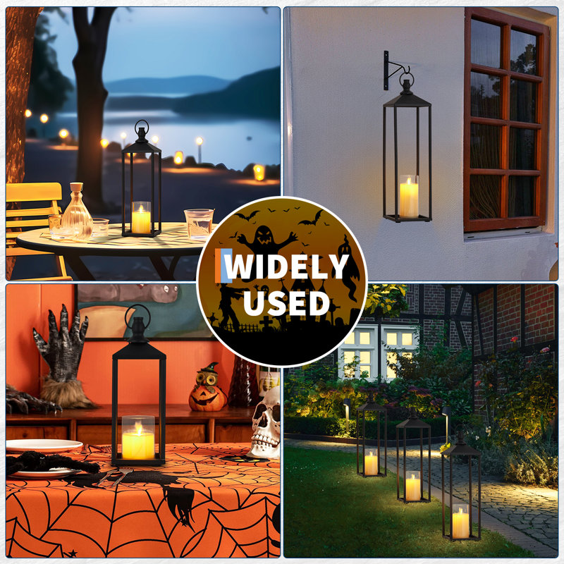 2-Piece Sand Black Modern Farmhouse Metal Candle Lantern Set with Timer Flameless LED Candles, Indoor Outdoor Home Patio Porch Garden Decor, 34cm & 43cm