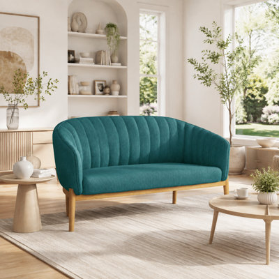 Canapé deux places en tissu turquoise, style moderne du milieu du siècle, avec dossier incurvé et pieds fuselés en bois d'hévéa