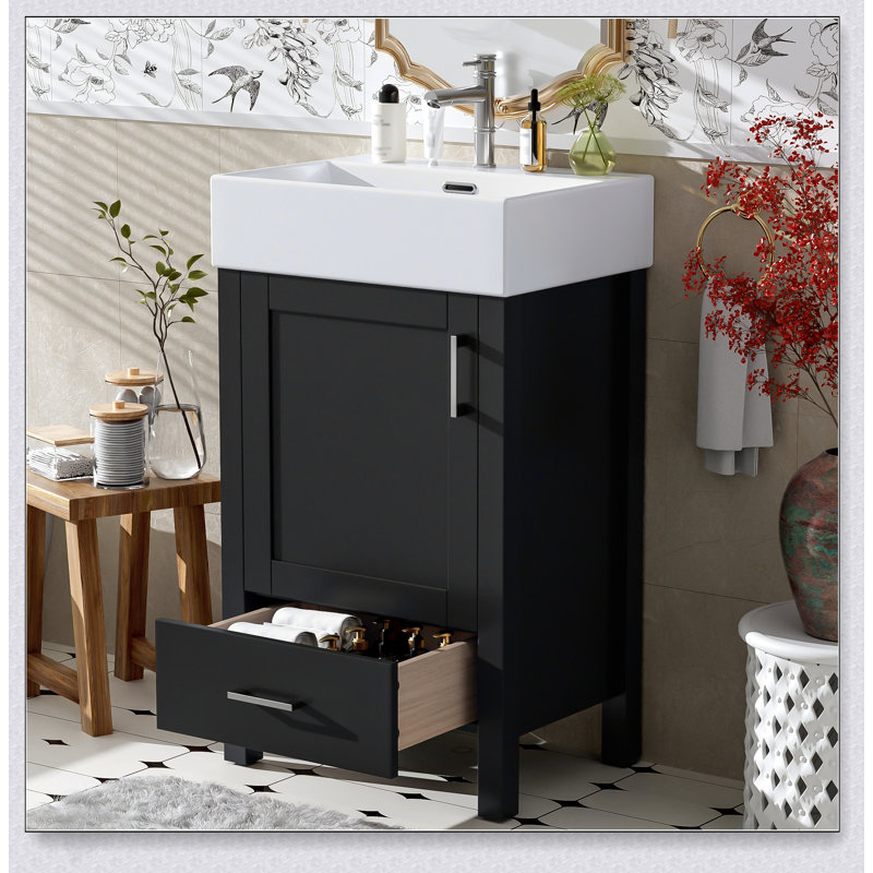 Meuble-lavabo moderne de 20,28 po avec lavabo en céramique, structure en bois massif et tiroir pour les petites salles de bain