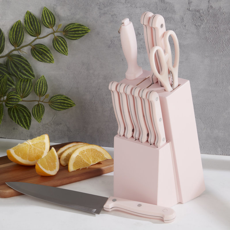 Basic Essentials 12-Piece Stainless Steel Kitchen Knife Set With Wood Block, Pink