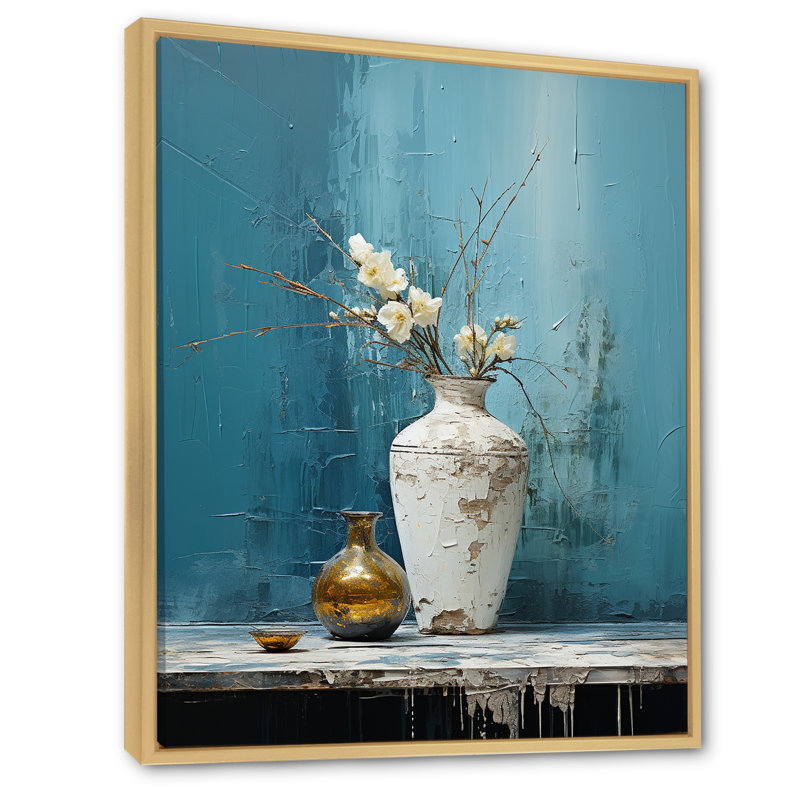 Vase de poterie bleu et blanc Boho, H 44 po x l 34 po x P 1,5 po, Cadre flottant brun