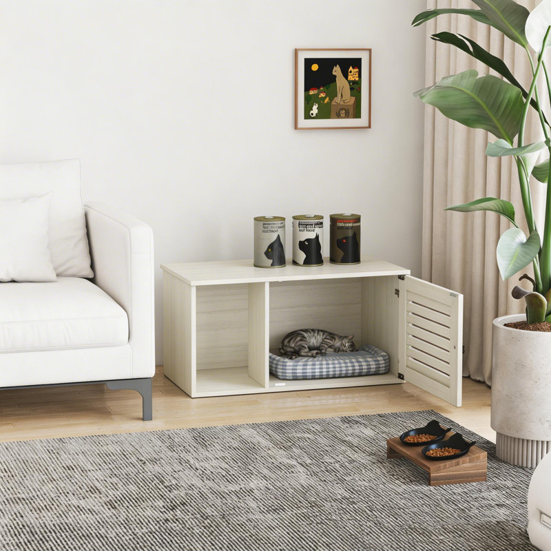Enceinte de litière pour chat avec porte ventilée à lattes et entrée latérale Farmhouse, Blanc délavé