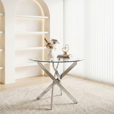 Table de cuisine ronde en verre de 35,5 po avec pieds, finition brillante, idéale pour les petites salles à manger,