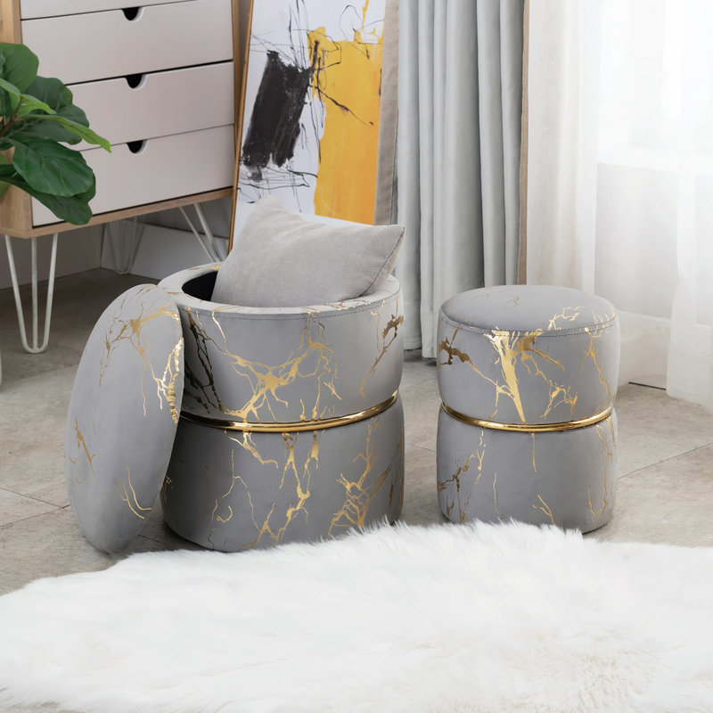 Vlvet Round Ottoman With Storage, Modern Footrest Upholstered Footstool Bronzed Fabrics Vanity Stool For Living Room, Bedroom, Dining Room Entrance Coffee Table,(Black/Set Of 2)