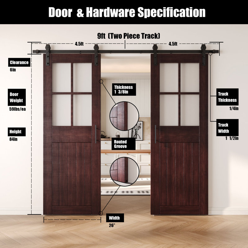 Portes de grange en verre givré non assemblées et finies avec ensemble de quincaillerie d'installation sans dérivation de 26 po x 84 po Homacer Red Homacer