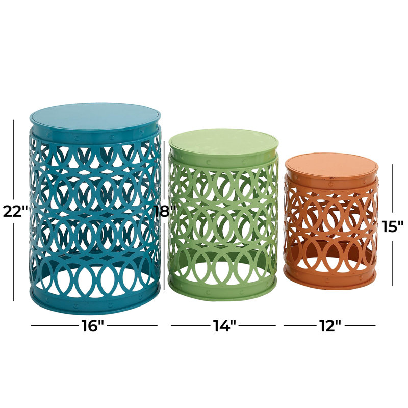 Multi Colored Metal Indoor Outdoor Nesting Accent Table with Carved Trellis Design 3 - Pieces, Blue/Green/Orange