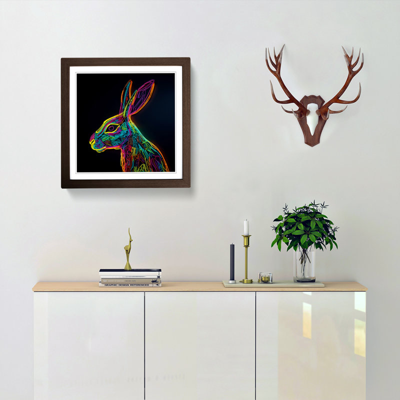 Hare Neon - Single Picture Frame Print on Wood, Walnut