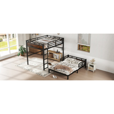 Lit superposé double au-dessus de double / lit mezzanine en métal et lits plateforme en métal, avec clôture de sécurité surélevée, couleur bois rétro
