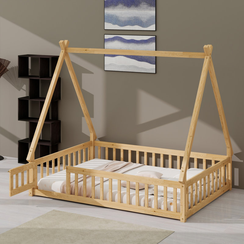 Tent-Shaped Floor Bed With Guardrails, Slats, And Door