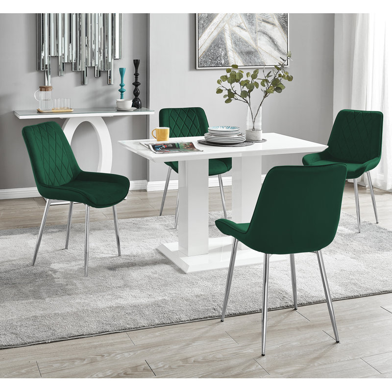 Edzard Double Pedestal High Gloss Dining Table Set with 4 Luxury Velvet Dining Chairs, Green/Silver