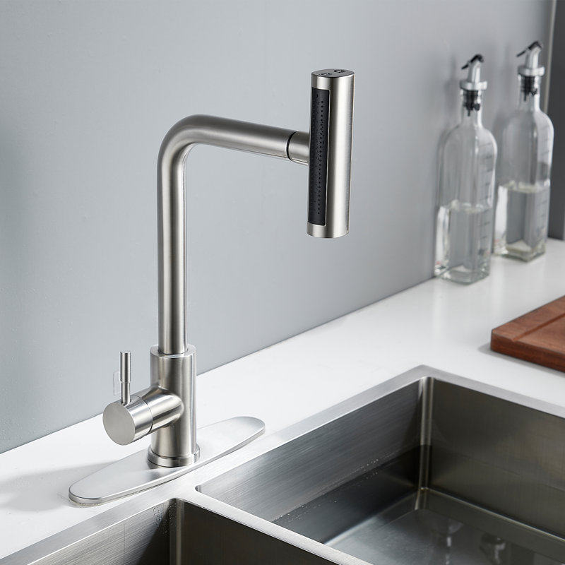 Robinet de cuisine avec douchette extractible cascade 4 modes multi-fonctionnels, Nickel brossé