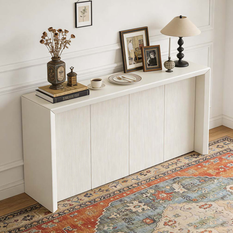 Wood Veneer Simple Entryway Table with Wavy Design, Beige