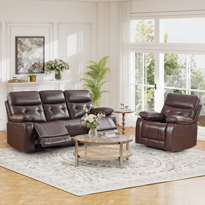 2-Piece Modern Tufted Power Reclining Living Room Set – Top-Grain Leather Single Recliner + 3-Seat Sofa With USB & Hidden Cup Holders
