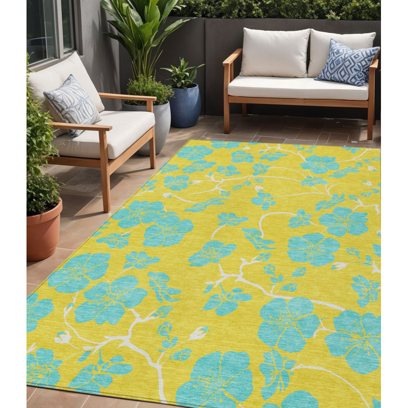 Tapis extérieur lavable floral jaune et turquoise 5 pi x 8 pi