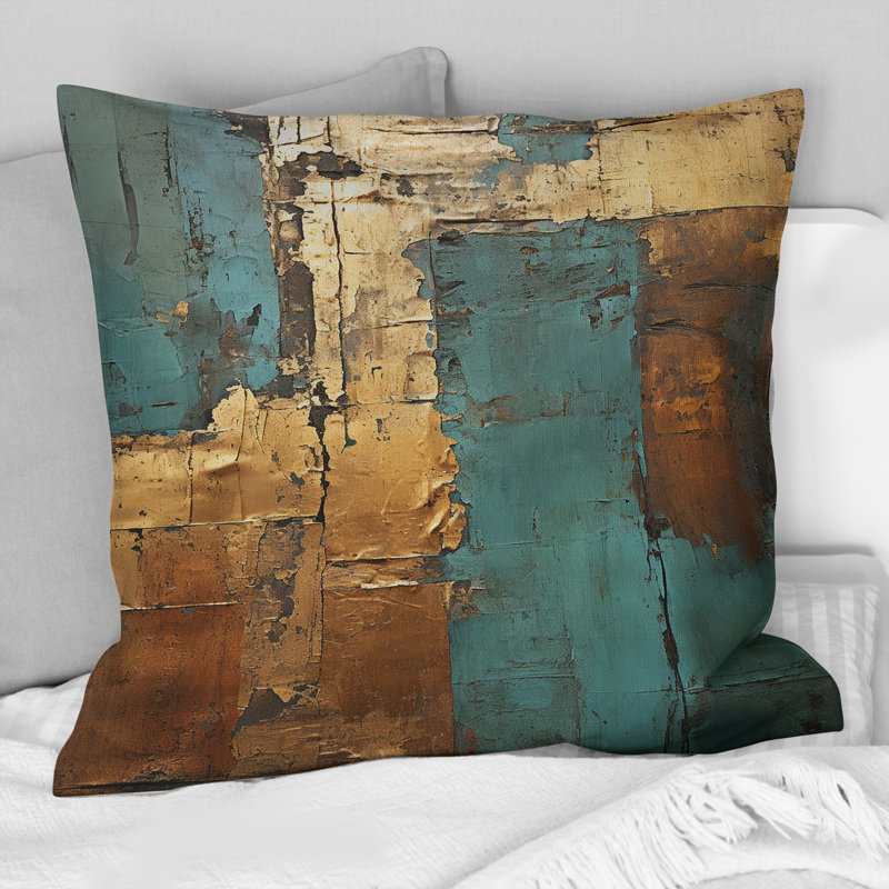 Coussin Kintsugi Retro Glam Vintage Gold On Turquoise II - Abstract, 18" x 18"