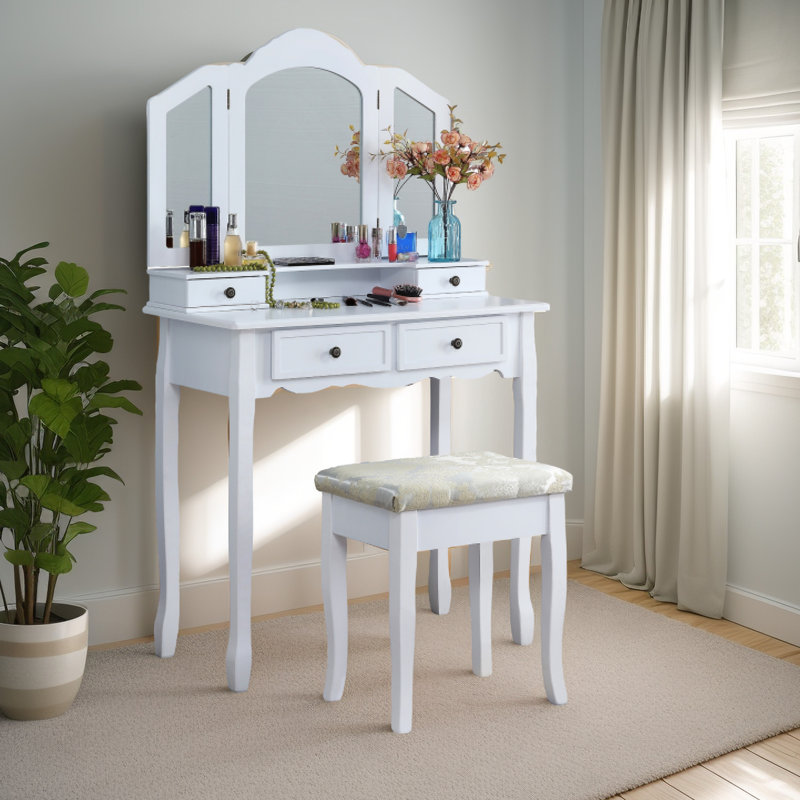 Coiffeuse et chaise en bois blanc - Créez un ensemble tendance, comprenant une table, un tabouret et des tiroirs de rangement.