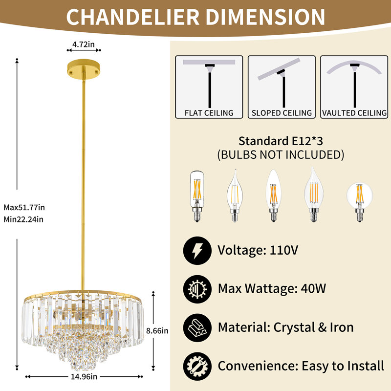 Lustre moderne en cristal à 4 niveaux, Doré, 3 lumières