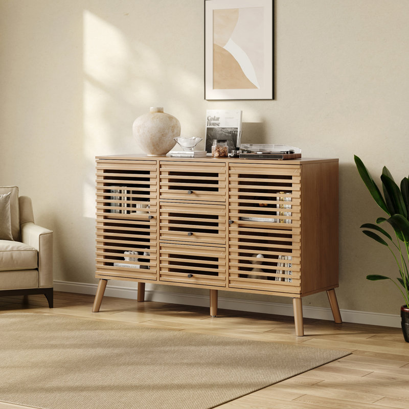  Buffet Cabinet With Slatted Doors, 47" W Sideboard Buffet With Drawers, Modern Mid Century Accent Storage Cabinet For Living Room, Entryway, Kitchen, Oak