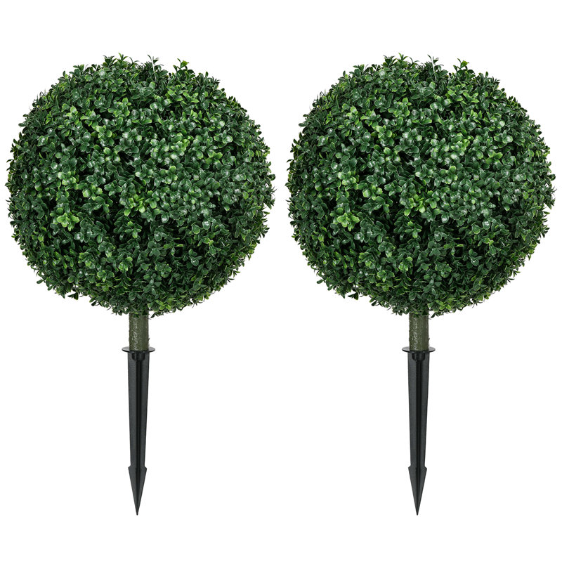 Set of 2 Artificial Boxwood Topiary Trees with Ground Stakes