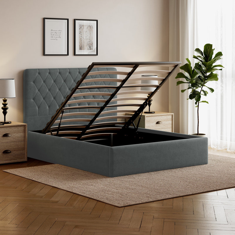 Alessia Upholstered Ottoman Storage Bed, Grey, King (207 x 156 cm)