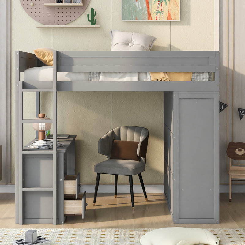 Lit mezzanine gris avec placards, 2 bureaux et armoire - Concept de gestion de l'espace Utilisation du bois Caractéristique du produit Innovation