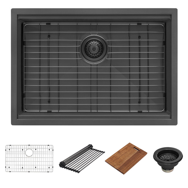 Workstation 27" L x 19" W Undermount Kitchen Sink with Sink Grid and Drain Assembl, Matte Black