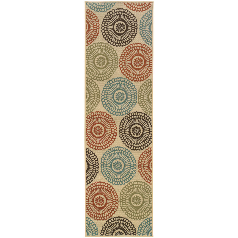 Baringer Beige/ Teal/ Orange Indoor/Outdoor Rug, Runner 2'3" x 7'6"