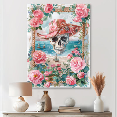  «Rose vert, crâne de pirate en fleurs II - art mural côtier