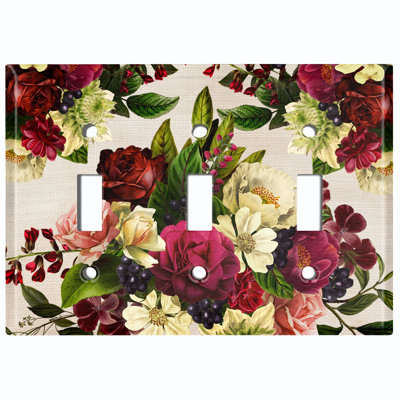 Metal Light Switch Plate Outlet Cover (Flower Rose Red White 4 - Triple Toggle)