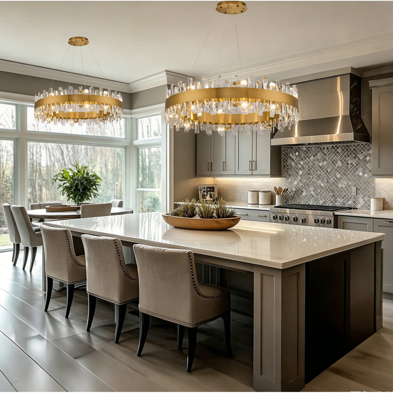 Lustre rond en cristal K9 de 23,6 pouces à intensité variable avec hauteur réglable pour la salle à manger et la cuisine, 12
