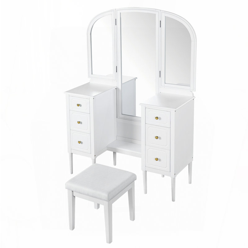 Antique Makeup Vanity Desk with Triple Mirror, 6-Drawer Dressing Table Set Including Stool, Full Length Mirror for Bedroom Dressing Room, White