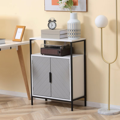 Armoire de rangement avec tablette ouverte et armoire à double porte, armoire d'appoint avec panneau à chevrons et structure en acier,