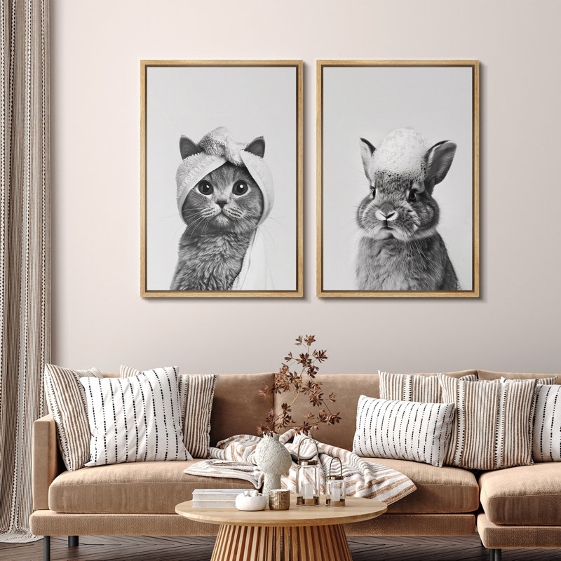 «Cat and Rabbit Spa Day», ensemble d'art mural sur toile, impressions encadrées d'humour animal noir et blanc pour décor de salle de bain fantaisiste