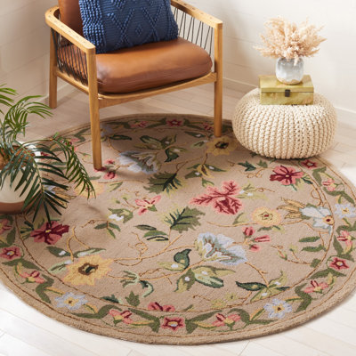 Tapis en laine bouclé / crocheté floral fait à la main en brun / vert / rouge