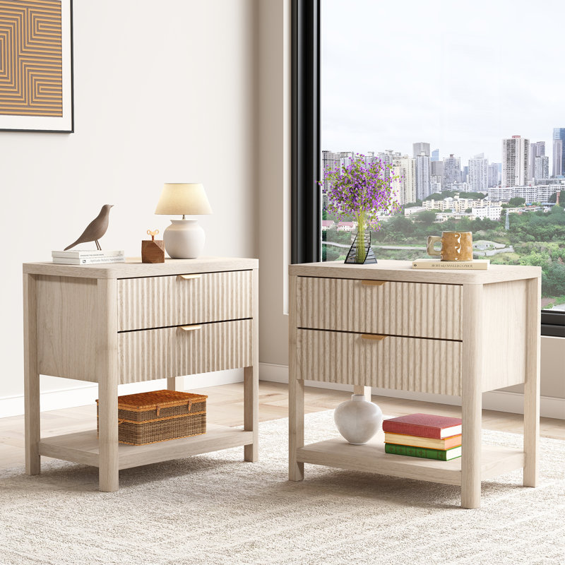25.8"W Modern Wave Design Nightstand Set of 2,  2-Drawer Bedside Table, Beige