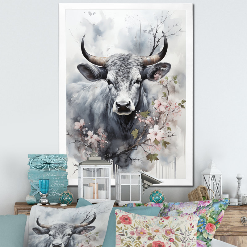 Bania, art asiatique, vache Sumi V, H 32 po x l 16 po x P 1 po, Cadre photo blanc