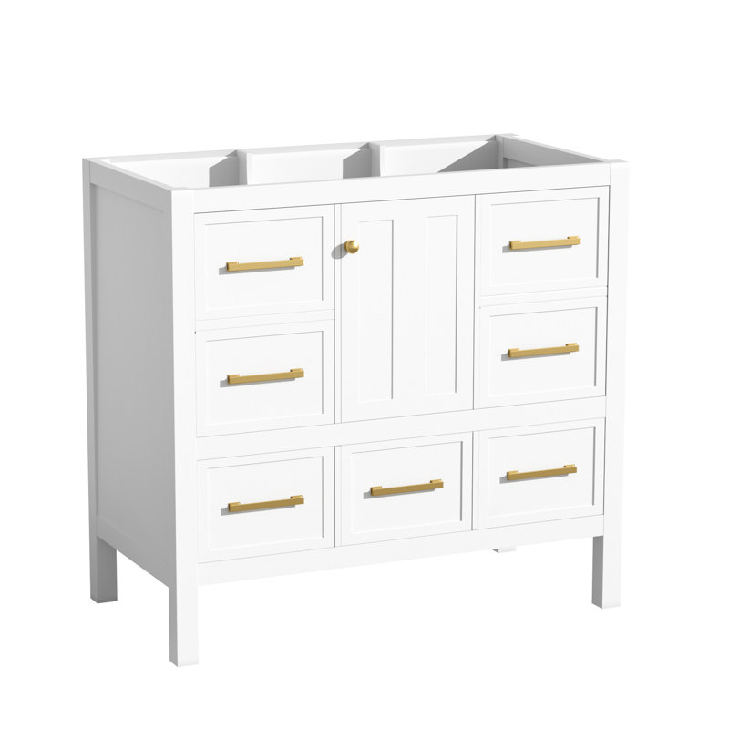 Rangement de salle de bain blanc, structure en bois massif, armoire, 5 tiroirs, fermeture en douceur, meuble-lavabo 36 po, bois, portes à fermeture,