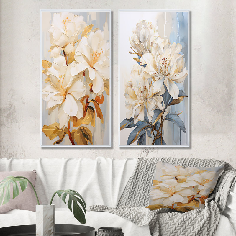 Fleurs de bouquet de rhododendrons simples - ensemble d'art mural sur toile rhododendron de 2, Cadre flottant blanc