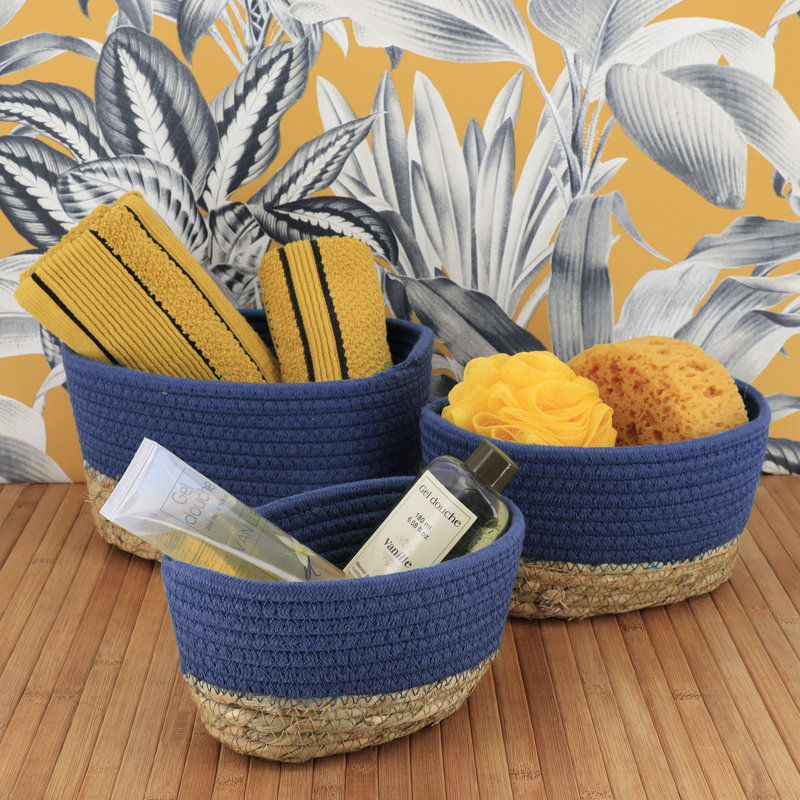 Padang 3-Piece Cotton Basket Bin, Navy Blue/Natural