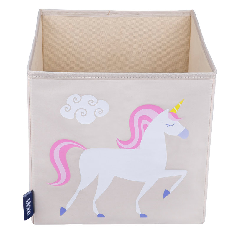 Unicorn Print Beige Fabric Collapsible Kids Storage Cube