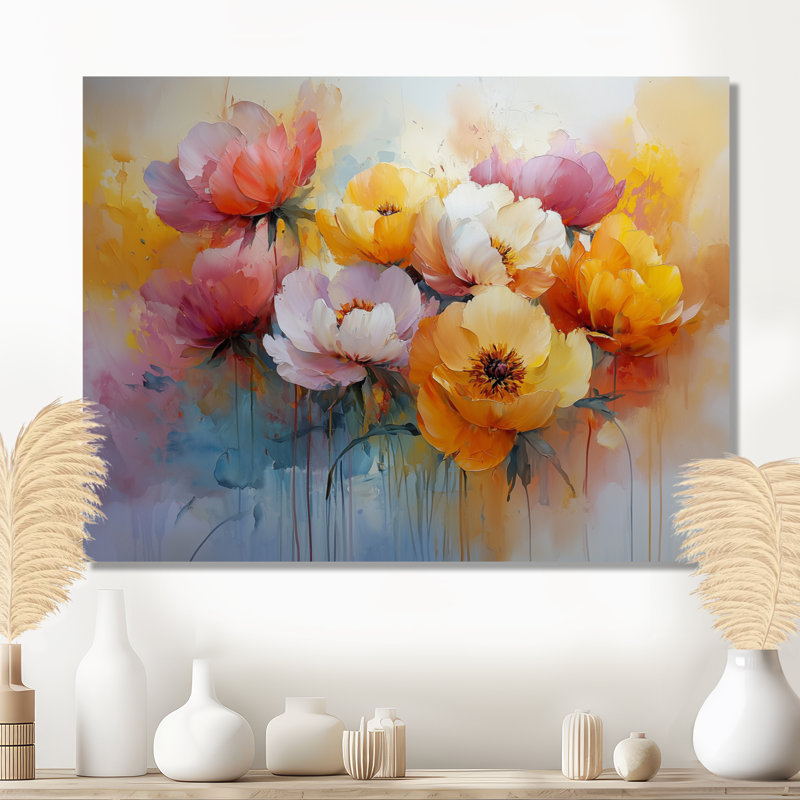 «Summer Peony Vibrant Garden II» - reproduction d'art sur toile encadrée, 16" H x 32" W, White Picture Framed
