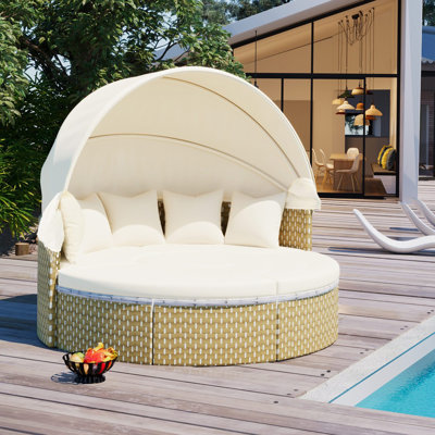 Sublime Round Rattan Patio Daybed With Retractable Canopy And Removable Cushions
